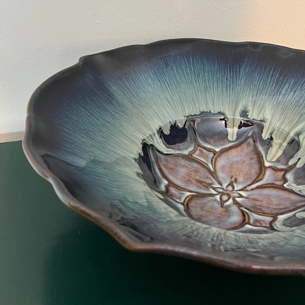Bill Campbell Art Pottery Blue & Purple Drip Glaze Large Lotus Bowl 13''‎ Signed